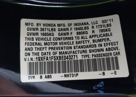 2011 Honda Civic Lx z USA, uszkodzony, nr VIN 19XFA1F5XBE043271